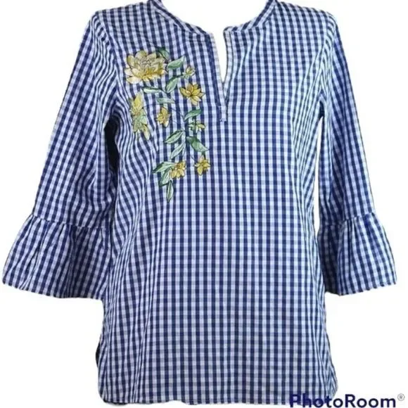 Avon Signature Collection Blue White Gingham Plaid Floral Embroidered V Neck S - Picture 1 of 11